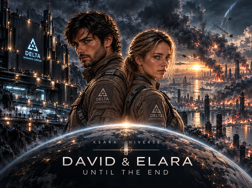 David and Elara in Until the End, a Ksara Universe story about humanity’s final years, love, sacrifice, and Project ANAMNIA
