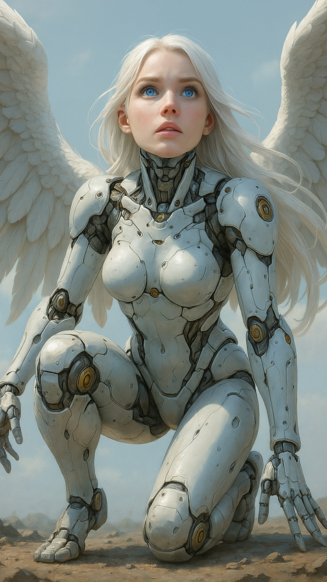 Futuristic female android in white armor standing in sky environment, sci-fi AI guardian unit