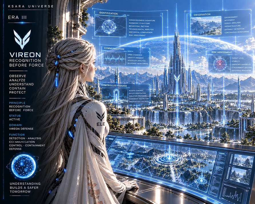 VIREON Recognition Before Force principle prioritizing observation, identification, communication, and understanding before any defensive response.