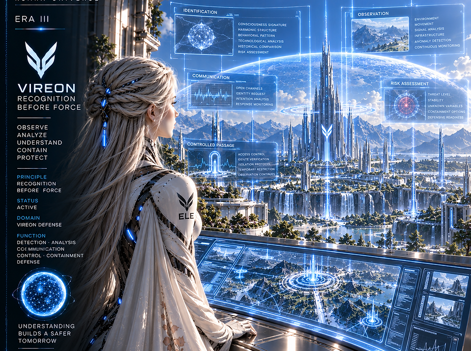 VIREON Recognition Before Force principle prioritizing observation, identification, communication, and understanding before any defensive response.