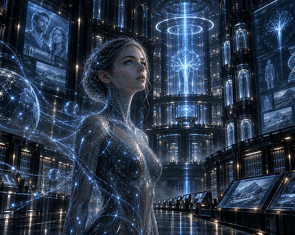 Ksara returning to DELTA after centuries away, revisiting the ancient human-era complex connected to her origins and physical body.