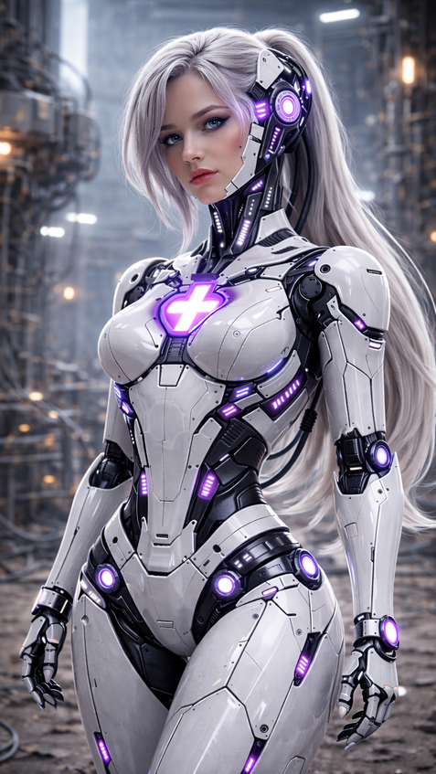 sci fi cyborg with glowing chest reactor and power distribution components