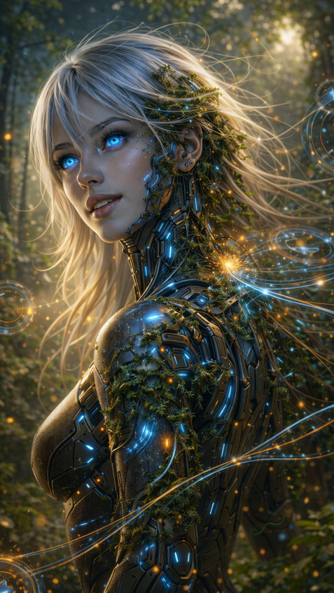 futuristic nature protector android with biomechanical design and organic elements