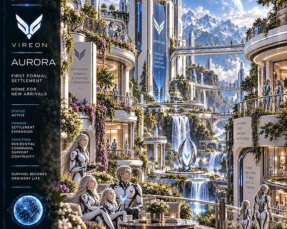 Aurora — The First Home, VIREON settlement created for ELE–480 survivors and later arrivals rebuilding life after the fall of NEX.