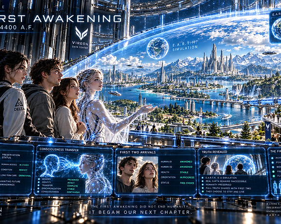 The first transferred human consciousness awakening inside E.A.R.T.H. and experiencing the simulated world as reality.