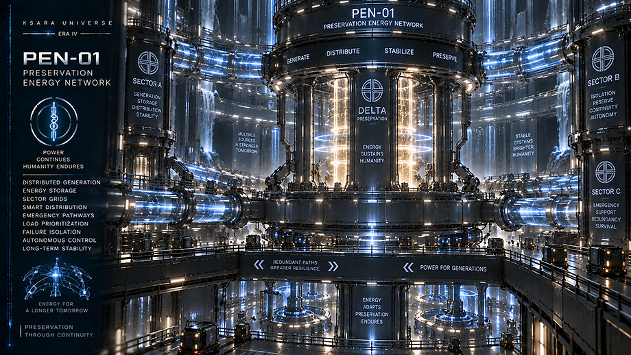 Preservation Energy Network distributing power between human preservation chambers, life support systems, security networks, archives, and critical infrastructure.