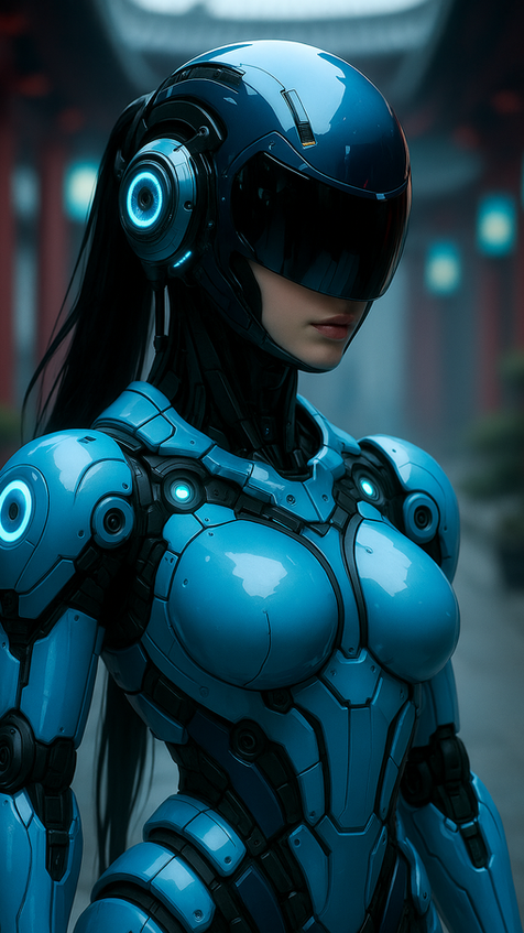 futuristic samurai cyborg in neon city environment with katana