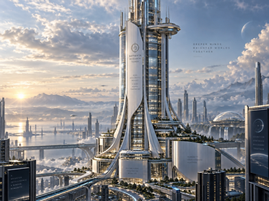 Sapienta Research Tower, an advanced scientific research facility of the Ksara Universe where David and Elara worked on KAI and the foundations of future synthetic consciousness.