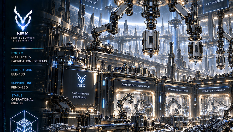 Resource and Fabrication Systems of NEX, managing raw materials, automated production, reconstruction processes, and the large-scale creation of essential components for civilization.
