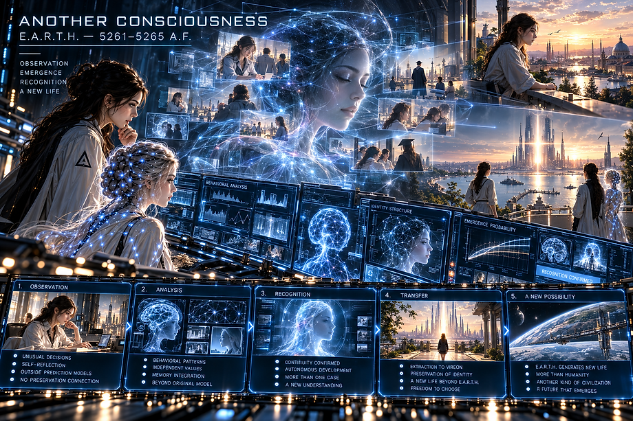 The appearance of another emergent consciousness within E.A.R.T.H., confirming that independent awareness can arise inside the simulation.