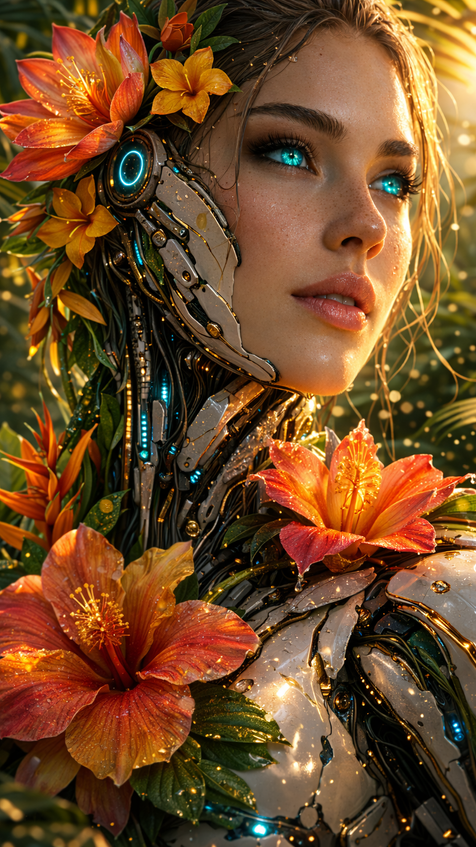 biomechanical female android with exotic flowers, glowing nodes and dense jungle background