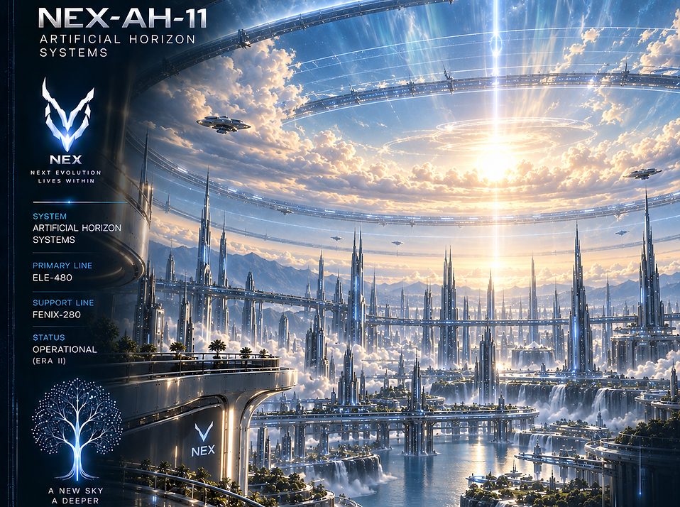 Artificial Horizon Systems of NEX, creating the vast illuminated environmental layer that shaped the visual and atmospheric identity of the planetary civilization.