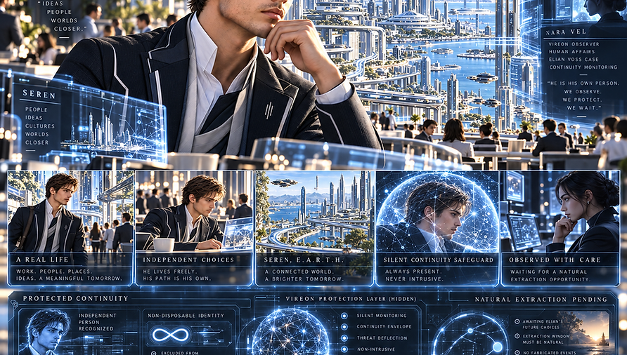 Elian Voss continuing his ordinary life in Seren while VIREON secretly protects his consciousness from reset, deletion, and the normal simulated death cycle.