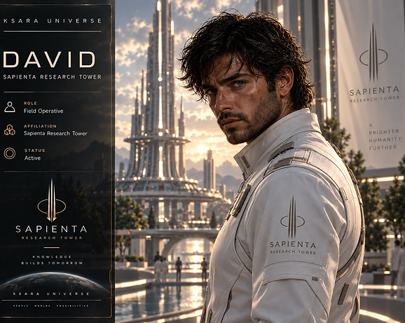 David at Sapienta Research Tower during ERA I of the Ksara Universe, wearing a white Sapienta research uniform.