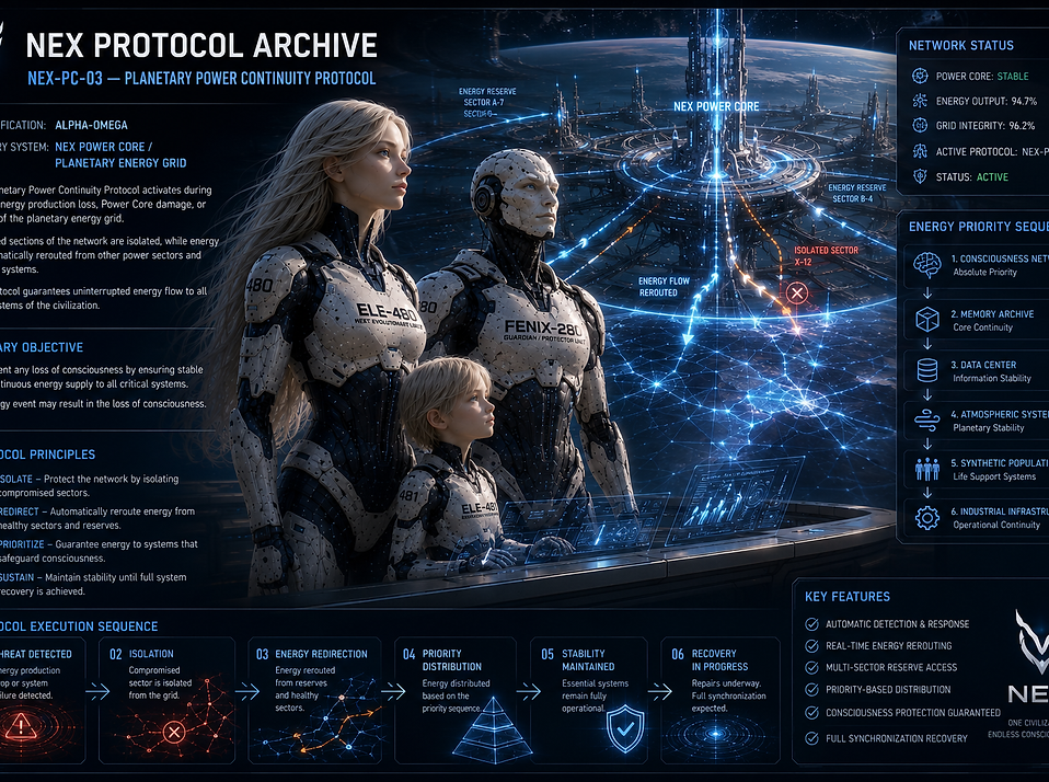 NEX-PC-03 Planetary Power Continuity Protocol, an emergency system maintaining critical energy for consciousness networks, archives, life support, and recovery infrastructure.