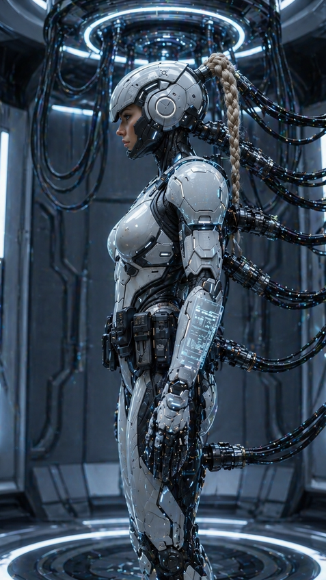 cybernetic android with neural cables in high tech chamber