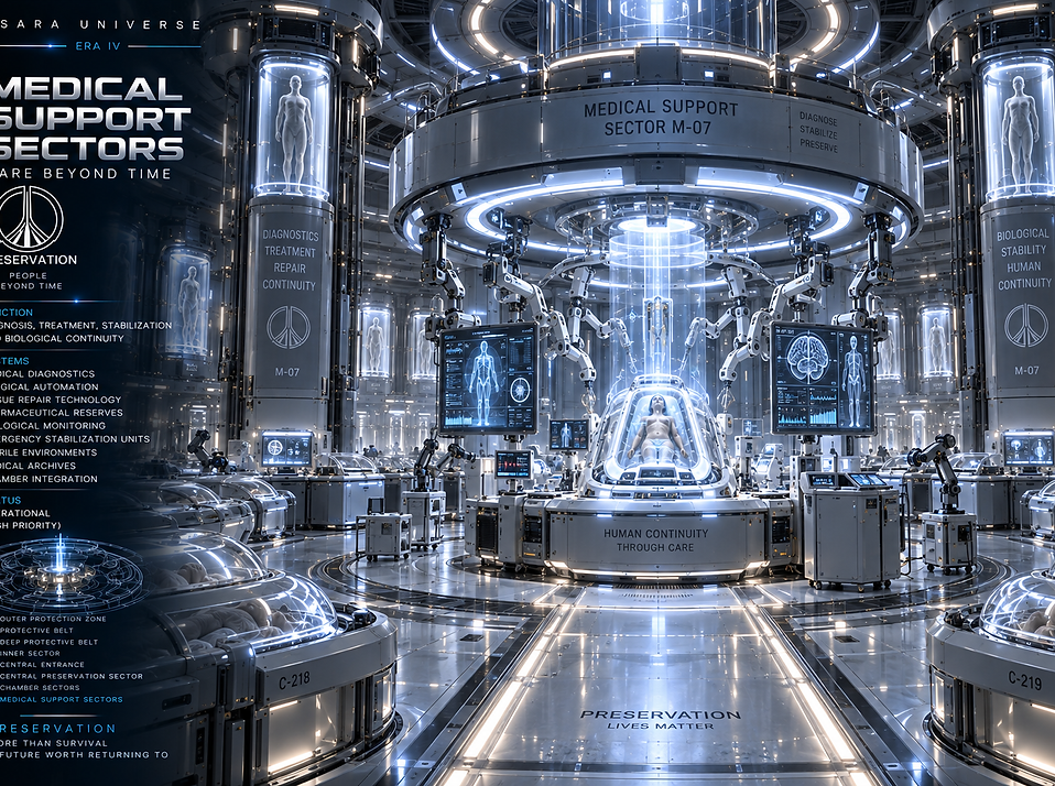 Medical Support Sectors maintaining biological stability, emergency treatment, health monitoring, and long-term support for preserved humans.