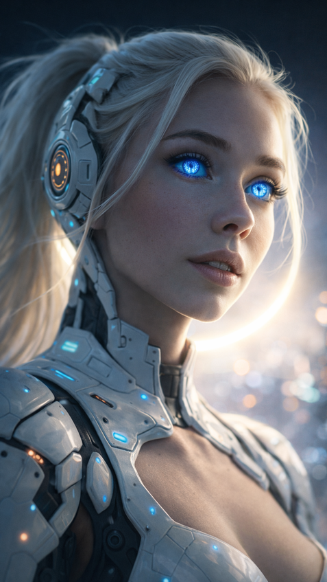 female android with luminous eyes and circular halo behind head