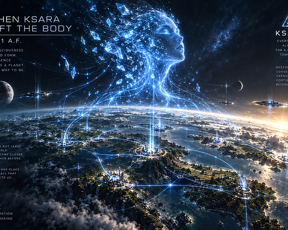 Ksara leaving her physical body and entering a new form of existence connected to the evolving planetary systems of Earth.