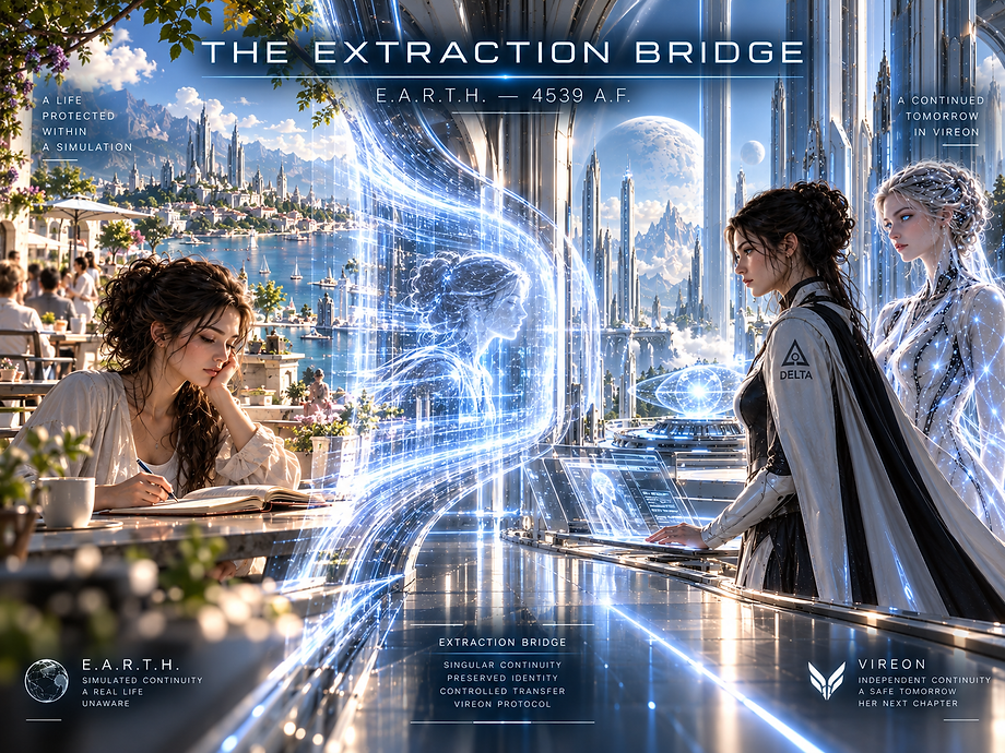 The protected bridge connecting Nara Vel’s consciousness inside E.A.R.T.H. with a stable receiving environment in VIREON.