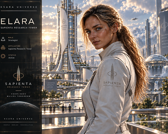 Elara at Sapienta Research Tower during ERA I of the Ksara Universe, wearing a white Sapienta research uniform.