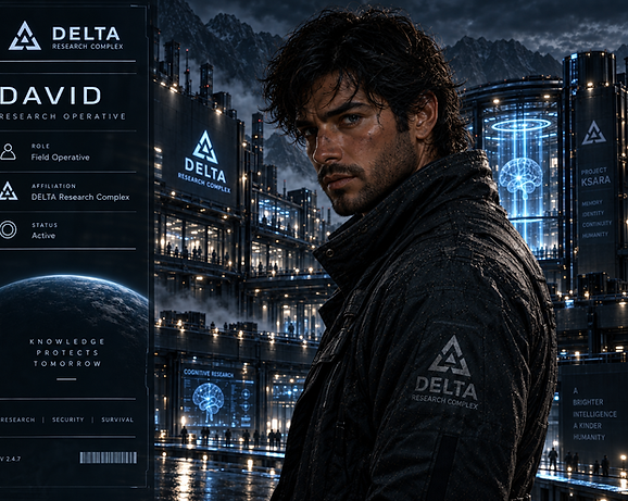 David in the DELTA Research Complex during ERA I of the Ksara Universe, wearing a dark DELTA research uniform.