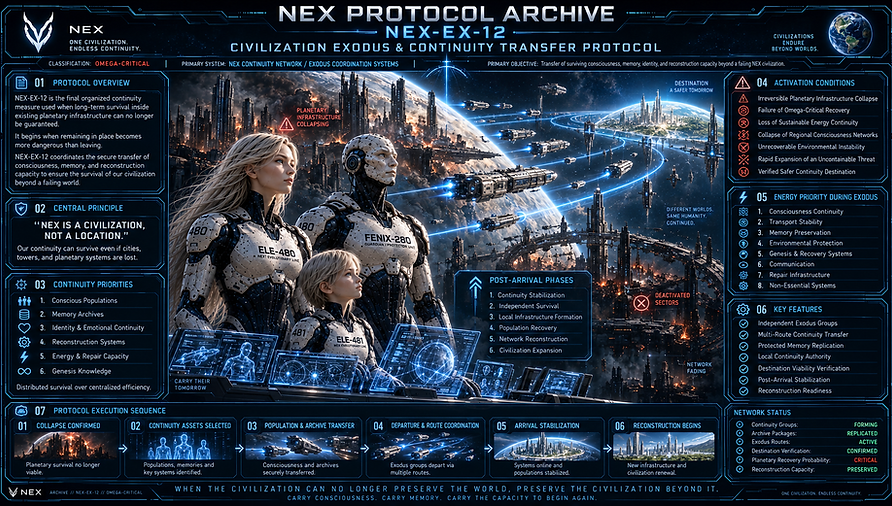 NEX-EX-12 Civilization Exodus and Continuity Transfer Protocol, an Omega-Critical system for transferring surviving consciousness, memory, identity, and reconstruction capacity beyond a failing NEX civilization.