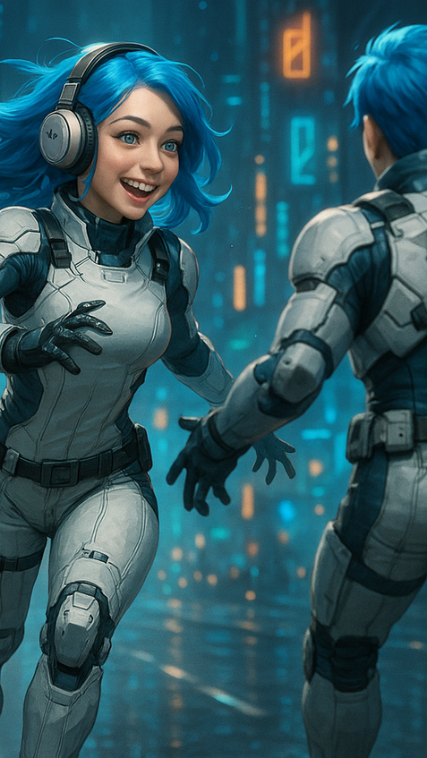 futuristic lovers embracing in neon city