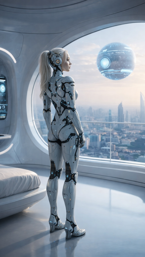 sci fi android in city apartment