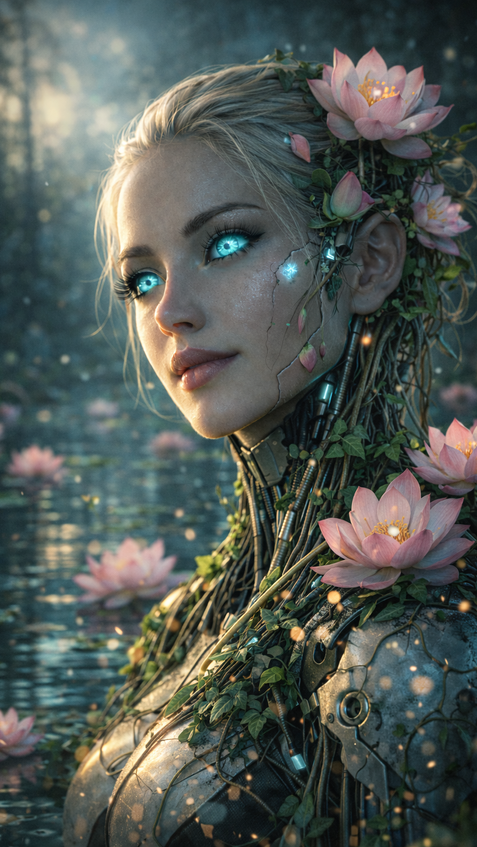 female android with organic and mechanical fusion, surrounded by flowers and water, sci-fi AI concept