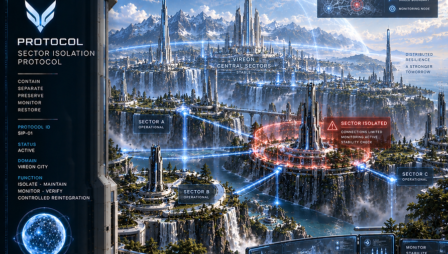 VIREON Sector Isolation Protocol separating unstable or compromised areas to protect the wider city and maintain operational continuity.