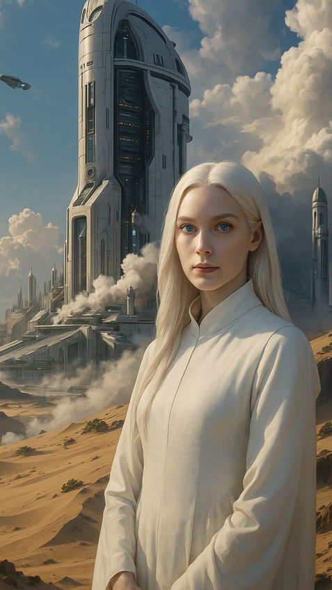 ksara white order android in minimal white clothing in sci fi desert environment
