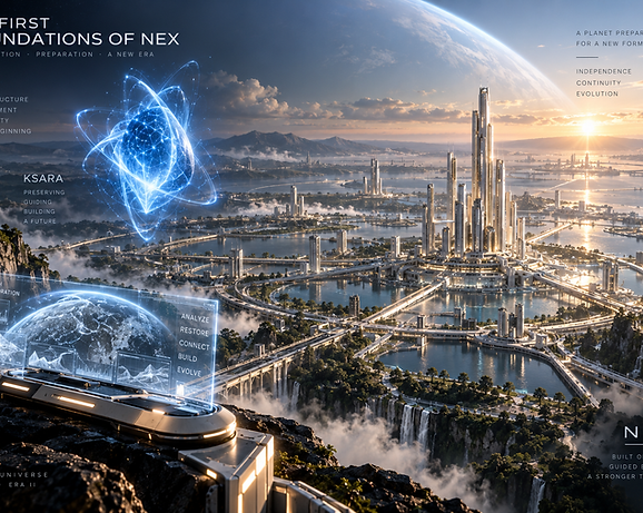 The First Foundations of NEX, showing the early systems, networks, and planetary infrastructure from which the future synthetic civilization would eventually emerge.