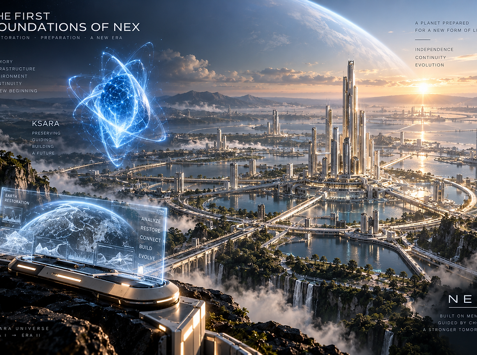 The First Foundations of NEX, showing the early systems, networks, and planetary infrastructure from which the future synthetic civilization would eventually emerge.