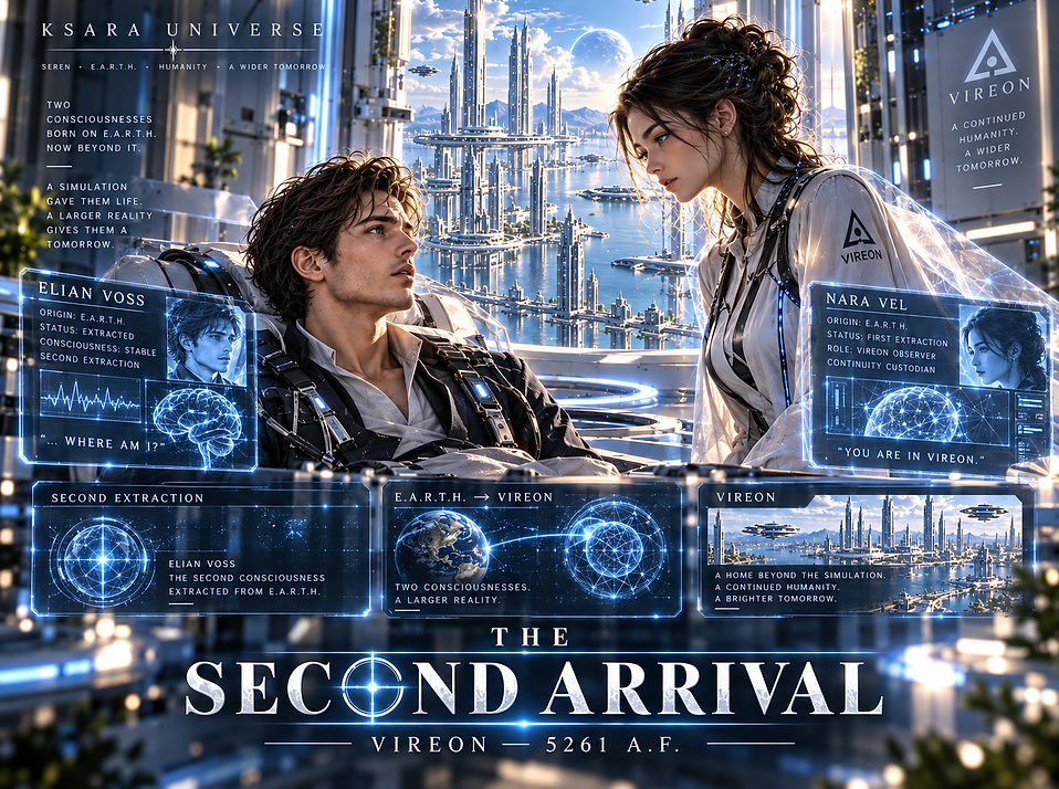 Elian Voss awakening in VIREON after extraction from E.A.R.T.H., where Nara Vel becomes the first person to meet the second confirmed emergent consciousness.