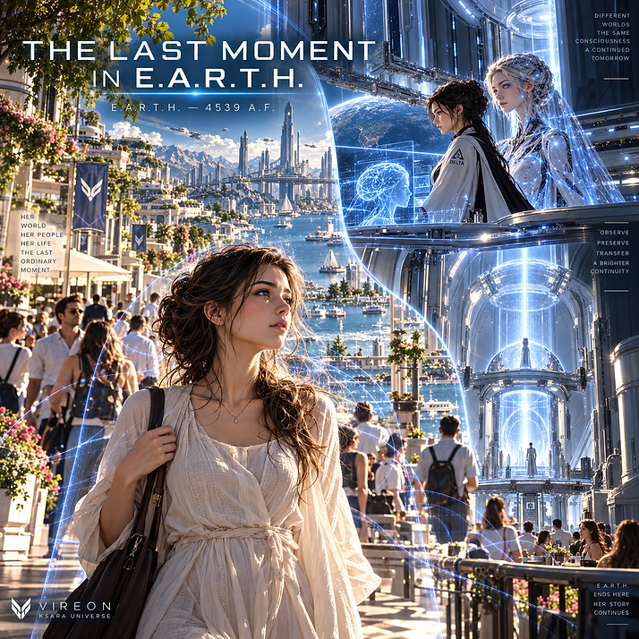Nara Vel experiencing her final ordinary moments inside E.A.R.T.H. before her consciousness begins the transition beyond the simulated world.