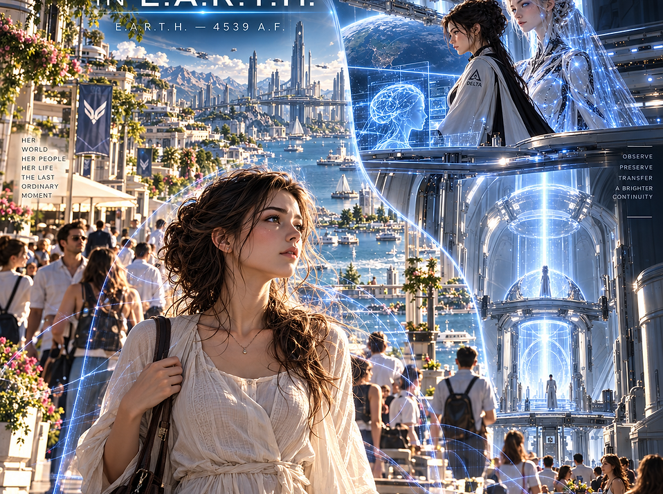 Nara Vel experiencing her final ordinary moments inside E.A.R.T.H. before her consciousness begins the transition beyond the simulated world.