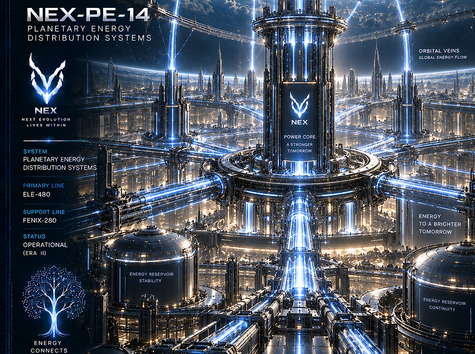 Planetary Energy Distribution Systems of NEX, supplying and balancing power across cities, infrastructure, consciousness networks, and critical planetary systems.