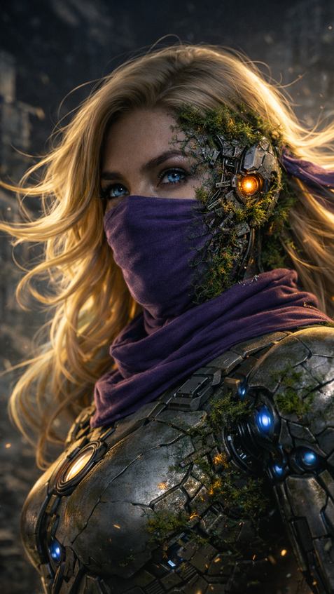 post-apocalyptic female android with broken armor and organic fusion