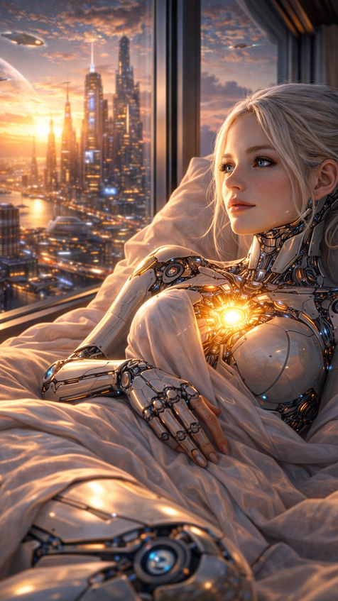 cybernetic woman resting by window