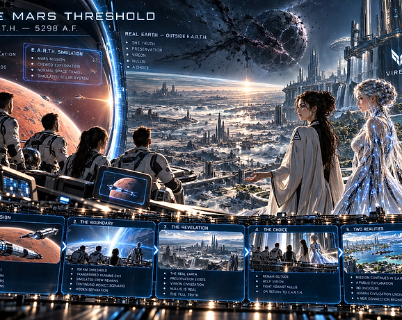 A transferred human consciousness reaching the Mars threshold and confronting the hidden boundary between E.A.R.T.H. and the real world.