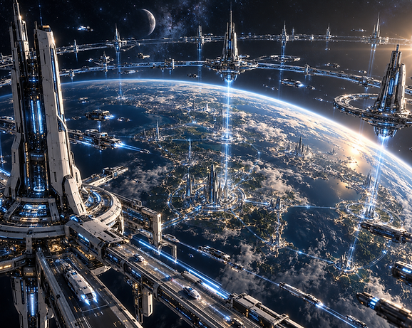 The Orbital Veins surrounding Earth, forming an advanced network connecting the surface of NEX with its expanding orbital infrastructure.