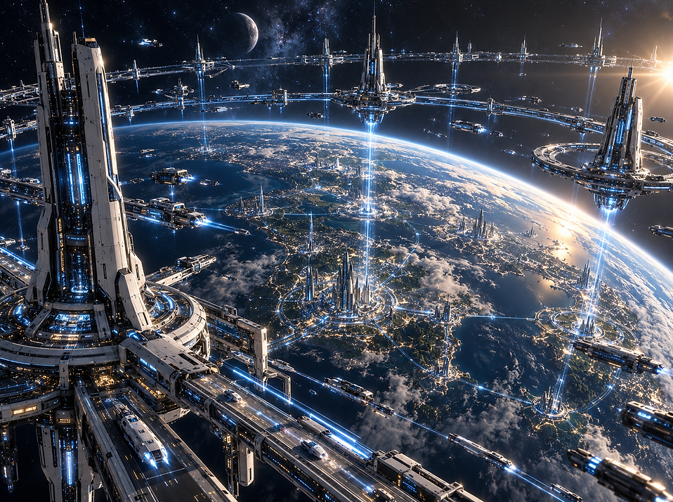 The Orbital Veins surrounding Earth, forming an advanced network connecting the surface of NEX with its expanding orbital infrastructure.