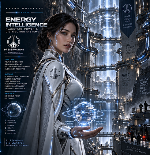 Energy Intelligence — Preservation energy intelligence controlling power generation, energy storage, distribution networks, emergency reserves, and long-term system continuity.