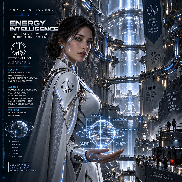 Energy Intelligence — Preservation energy intelligence controlling power generation, energy storage, distribution networks, emergency reserves, and long-term system continuity.