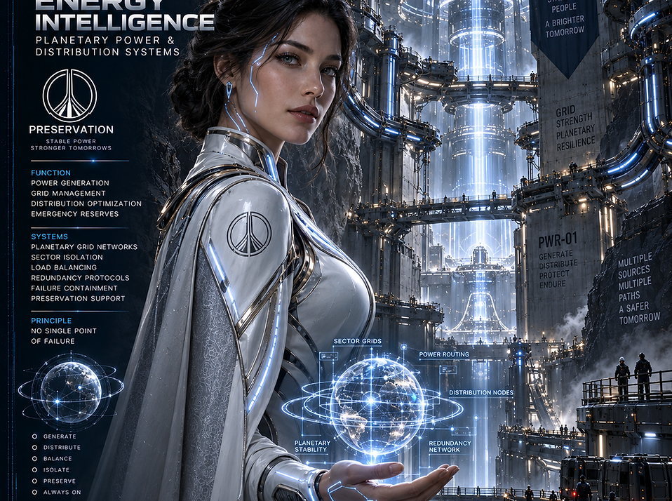 Energy Intelligence — Preservation energy intelligence controlling power generation, energy storage, distribution networks, emergency reserves, and long-term system continuity.