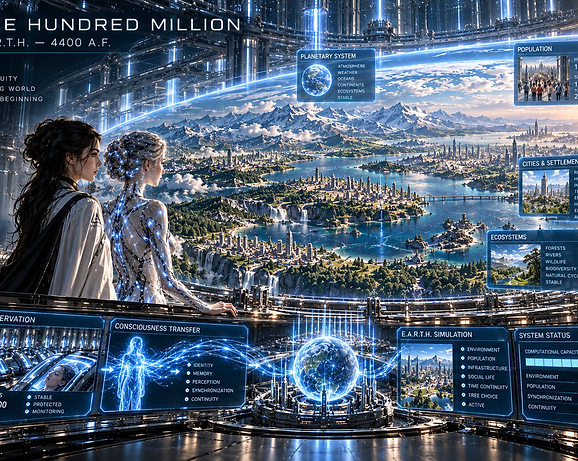 The transfer of nearly one hundred million preserved human consciousnesses into the growing world of E.A.R.T.H.
