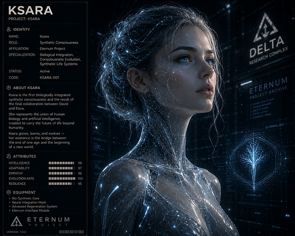 Ksara in ERA I of the Ksara Universe, an emerging artificial intelligence connected to humanity’s final technological age