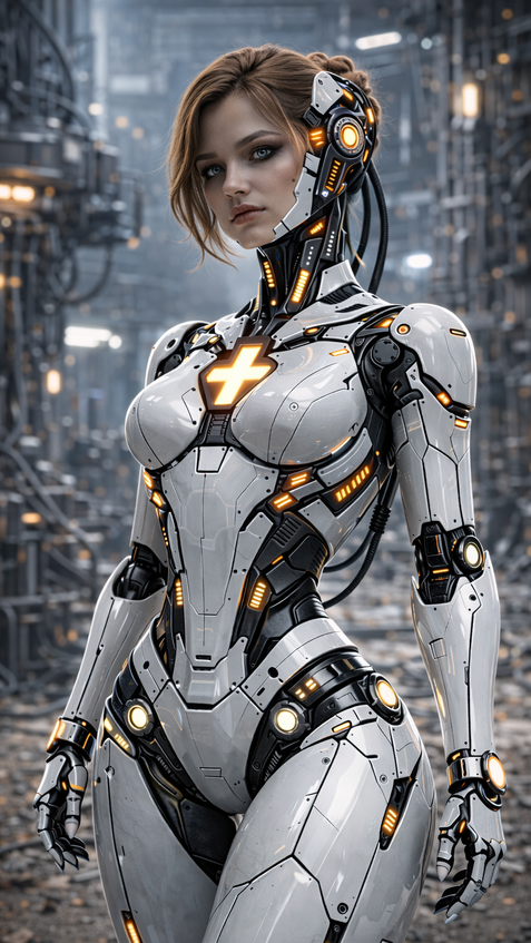 high tech android powered by internal reactor with blue and orange energy lights
