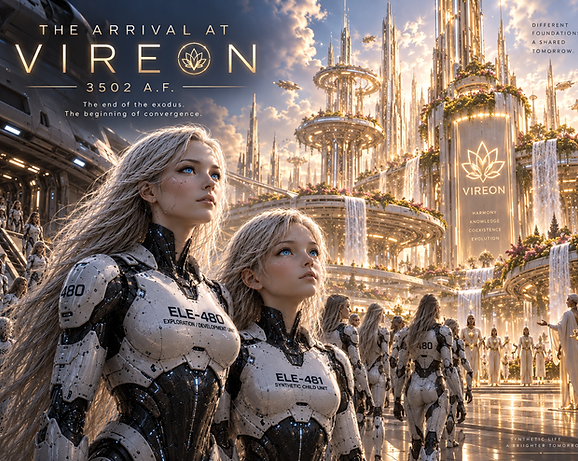 The arrival at VIREON, showing the surviving ELE–480 population reaching their new home after the fall of NEX.